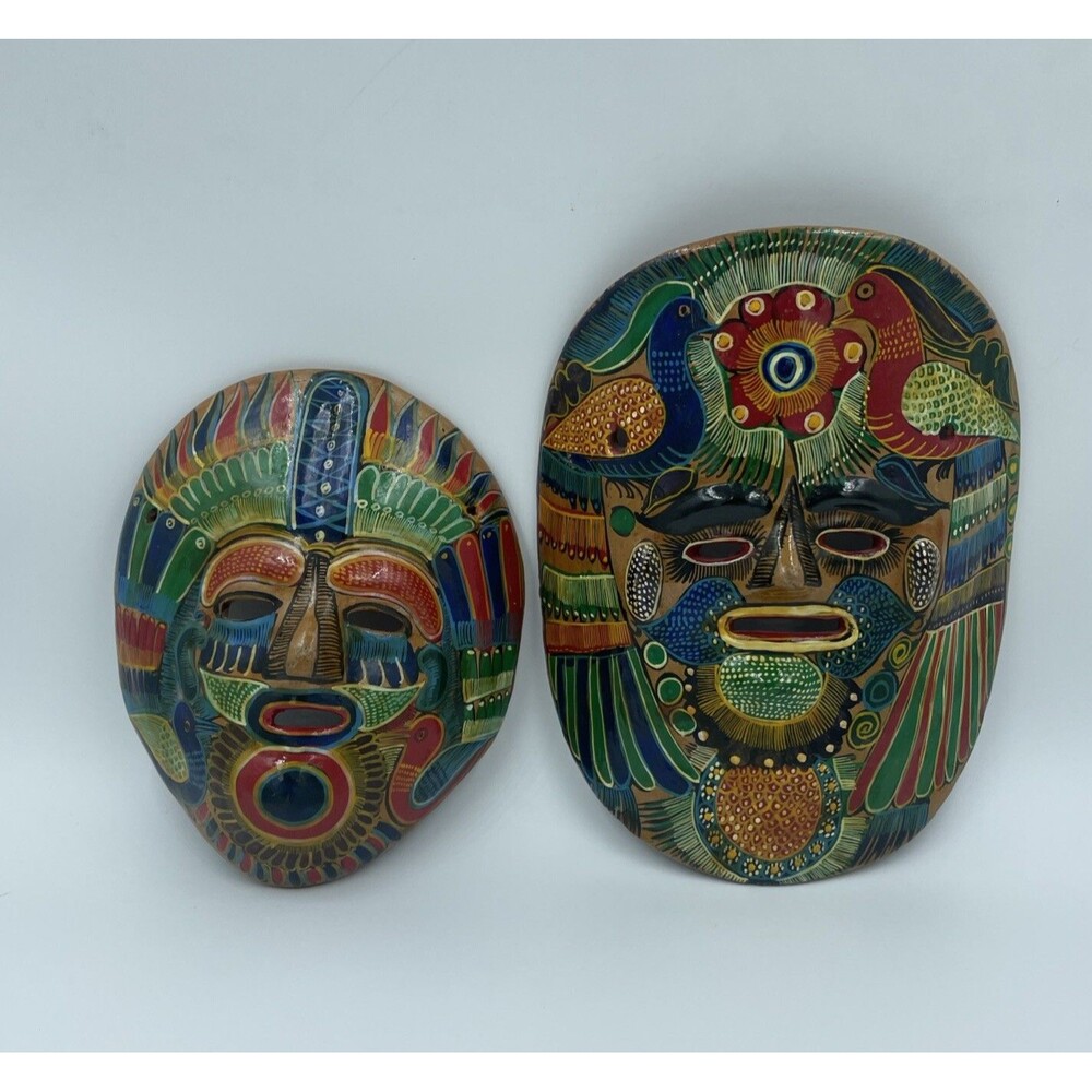2 Mexican Talavera Hand Painted Terra Cotta Pottery Face Mask Wall Hang Vintage